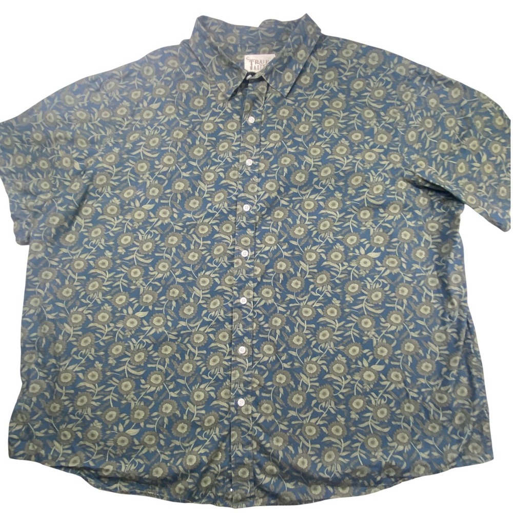 True Nation Mens 3X Floral Button Down Shirt Short Sleeve Blue Green 100% Cotton